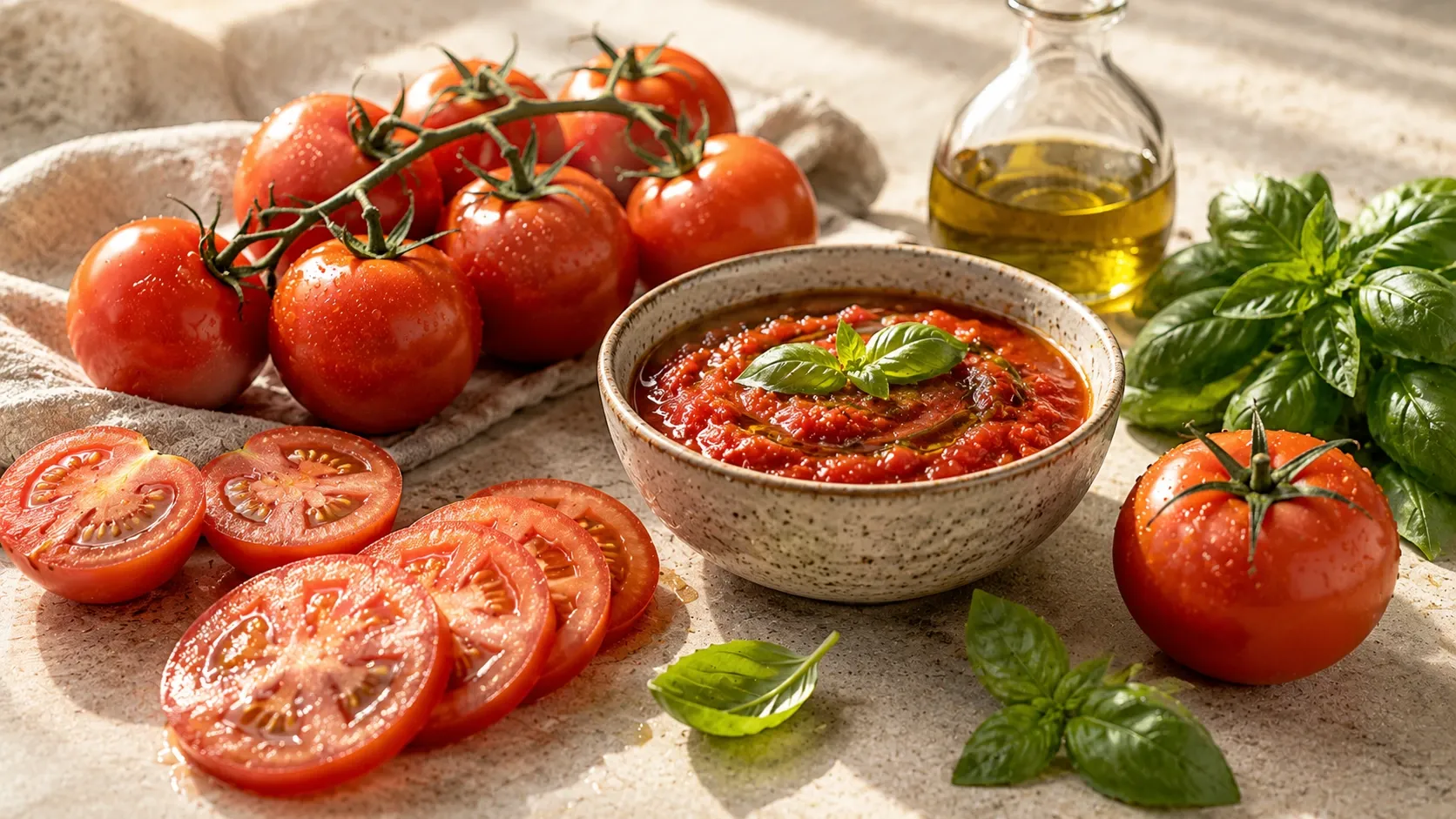 Tomates vermelhos maduros, inteiros e cortados, acompanhados de ervas frescas e azeite em composição culinária natural.