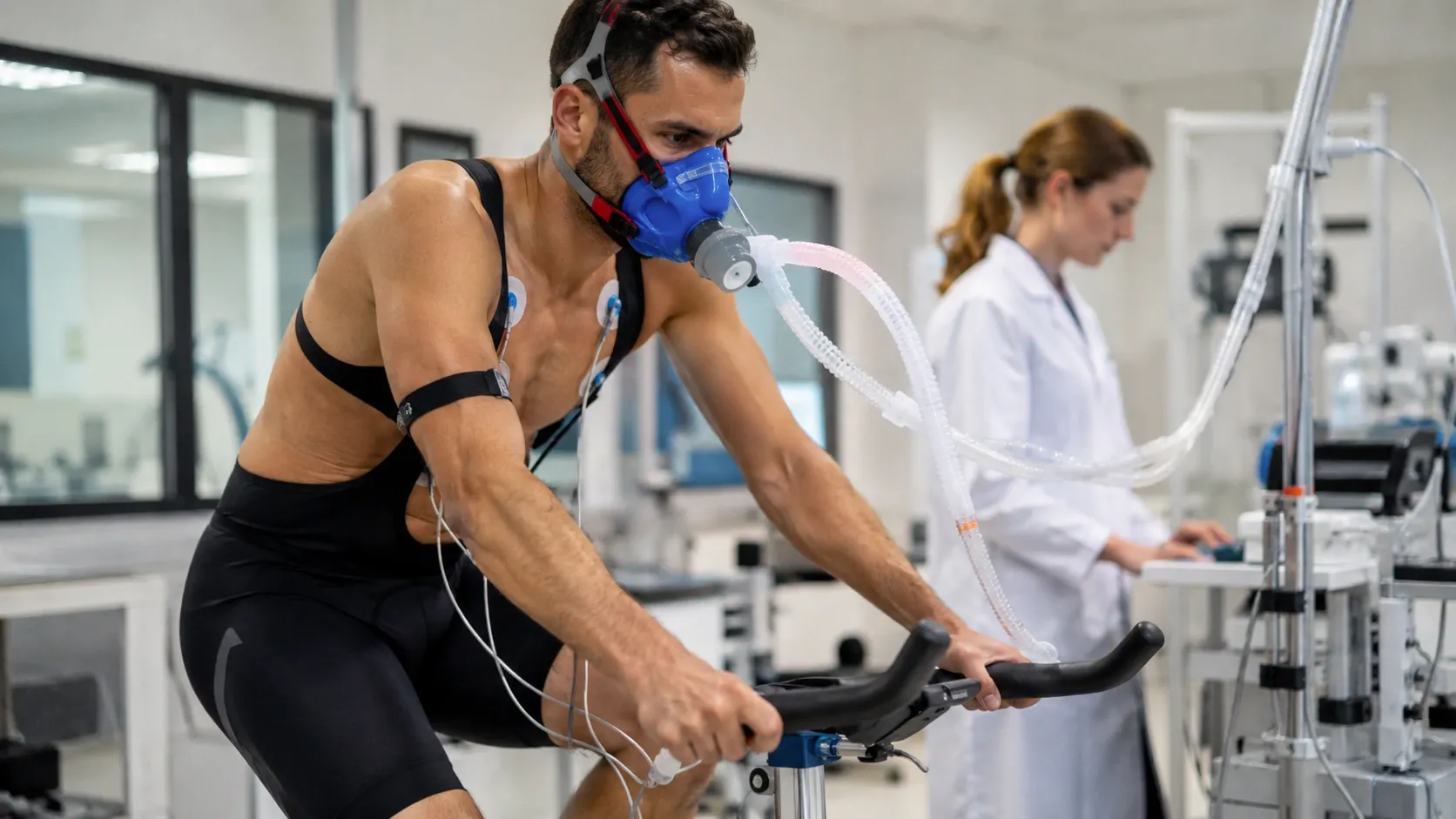 Pessoa pedalando em laboratório enquanto utiliza equipamento para medir o metabolismo durante o exercício.