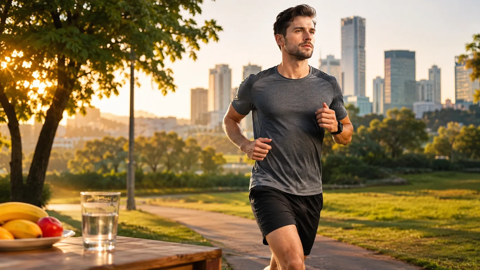Pessoa realizando corrida leve pela manhã antes do café da manhã, em uma cena relacionada a exercício, jejum e metabolismo energético.