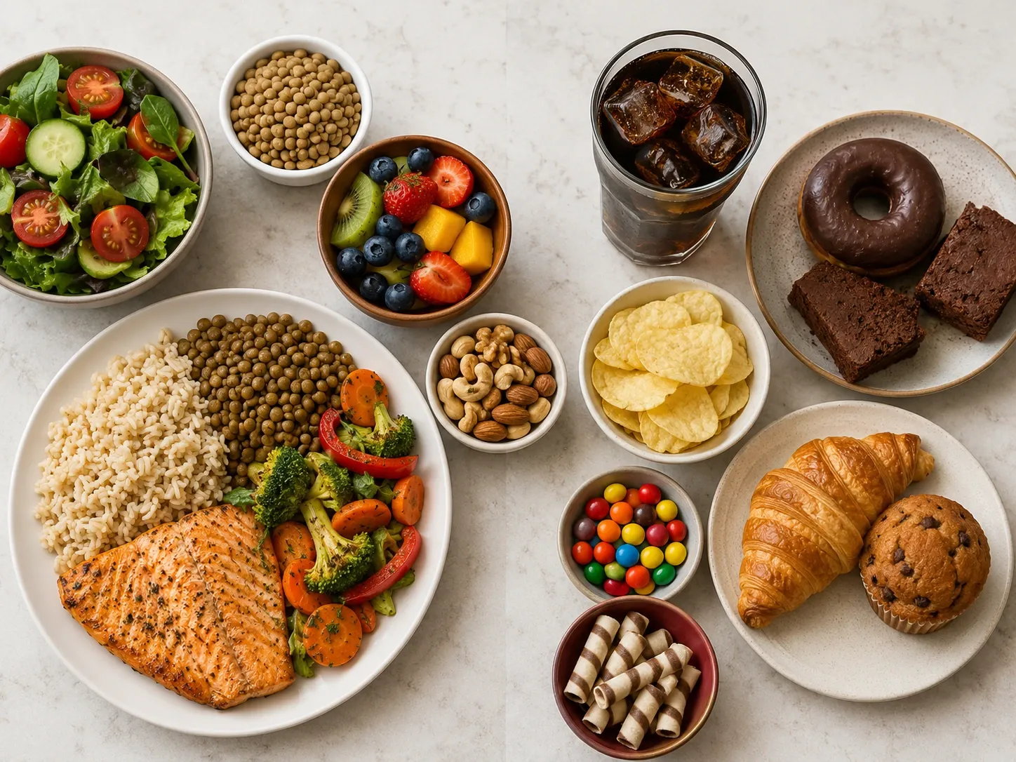 Alimentos in natura e minimamente processados ao lado de bebidas açucaradas, doces e produtos refinados para ilustrar diferentes escolhas alimentares.
