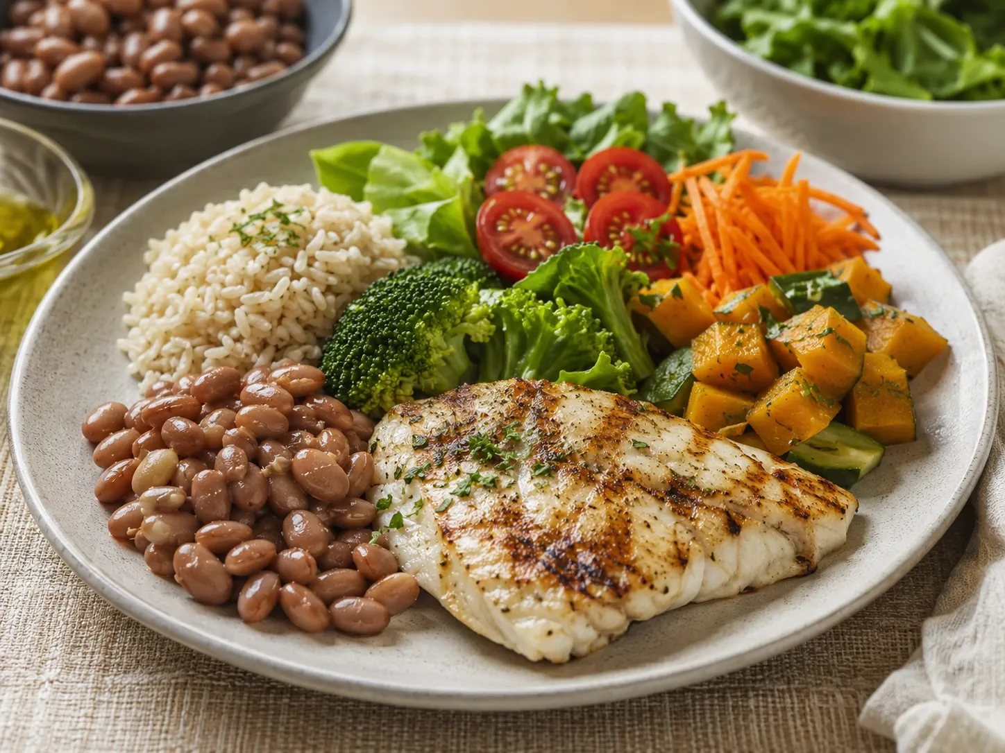 Refeição com vegetais, feijão, arroz integral e peixe grelhado em uma composição simples e equilibrada.