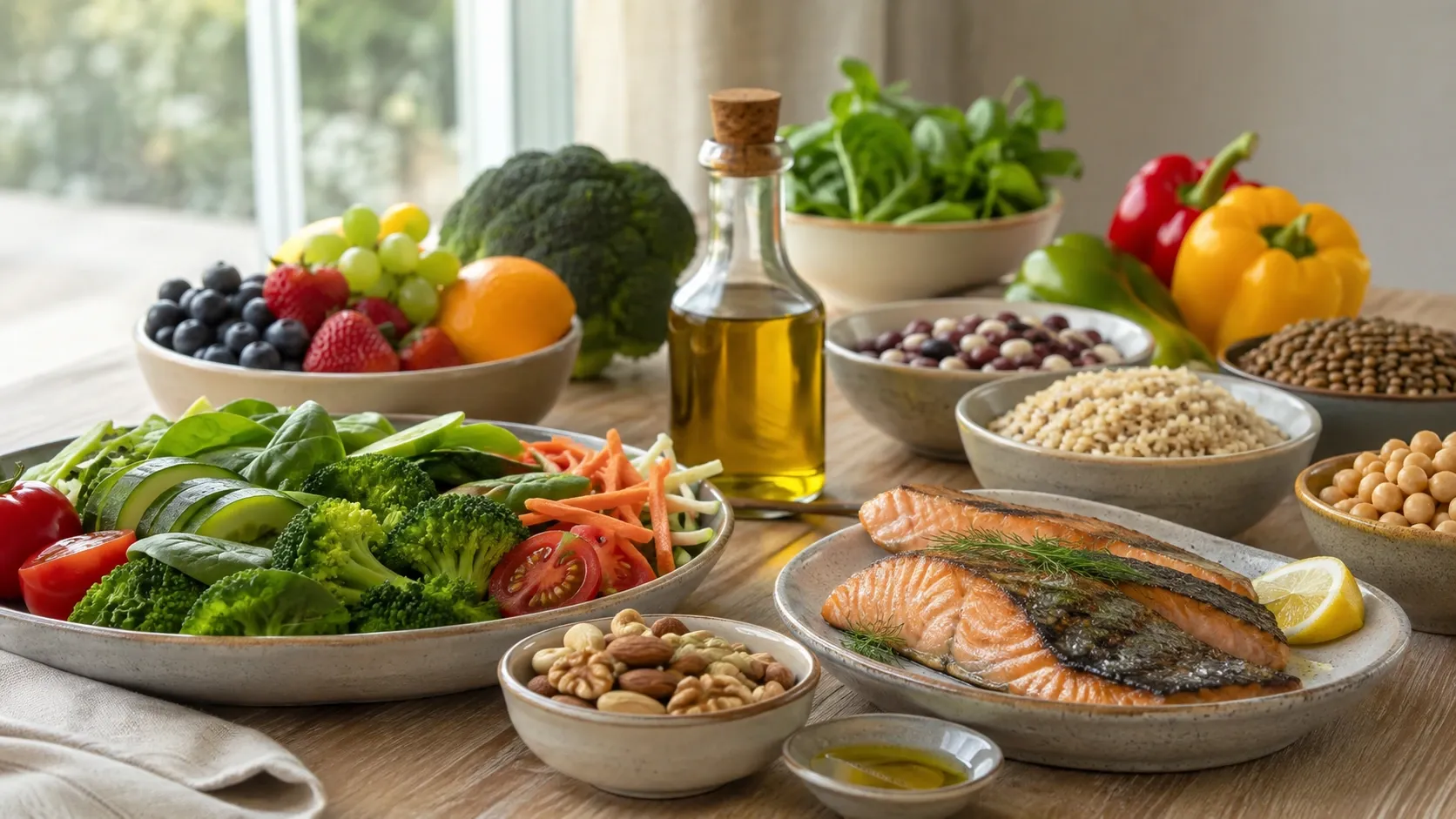 Mesa com alimentos cardioprotetores, como vegetais, grãos integrais, leguminosas, peixes, frutas e azeite, em ambiente claro e natural.