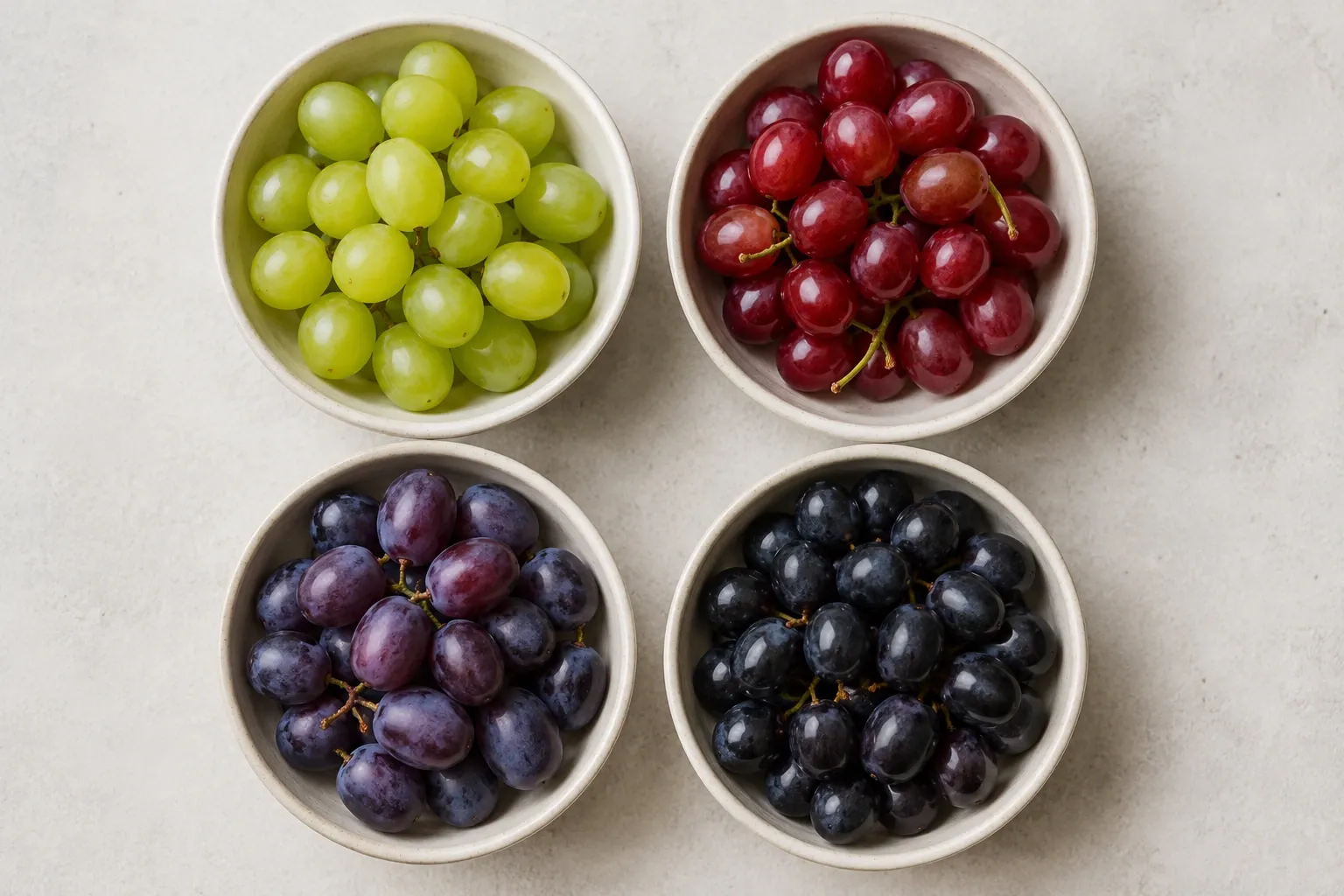 Quatro recipientes com porções de uvas verdes, vermelhas, roxas e pretas.