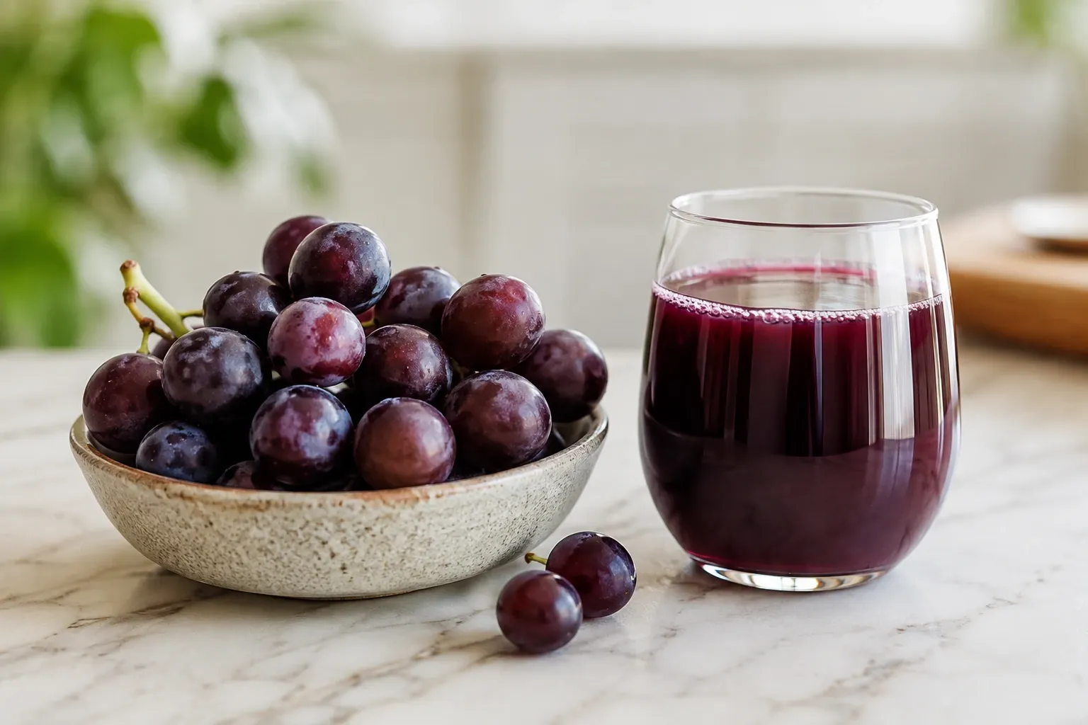 Uvas roxas frescas ao lado de um copo de suco de uva.