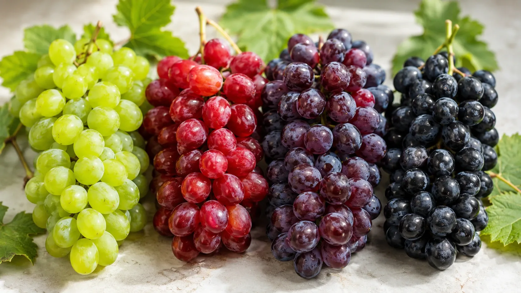 Cachos de uvas verdes, vermelhas e roxas dispostos lado a lado sobre uma superfície clara.