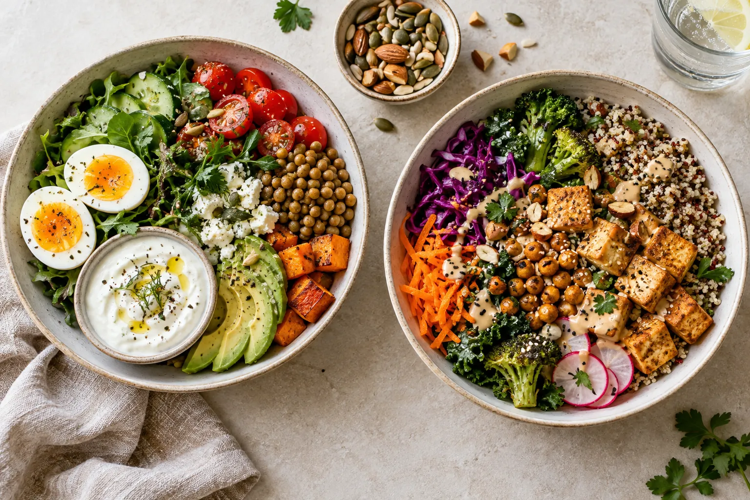 Refeições vegetariana e vegana apresentadas lado a lado com diferentes fontes de proteína e vegetais.