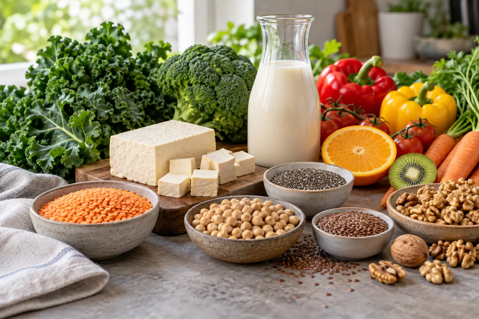 Tofu, leguminosas, vegetais verdes, sementes e bebida vegetal fortificada representando nutrientes importantes em dietas veganas.