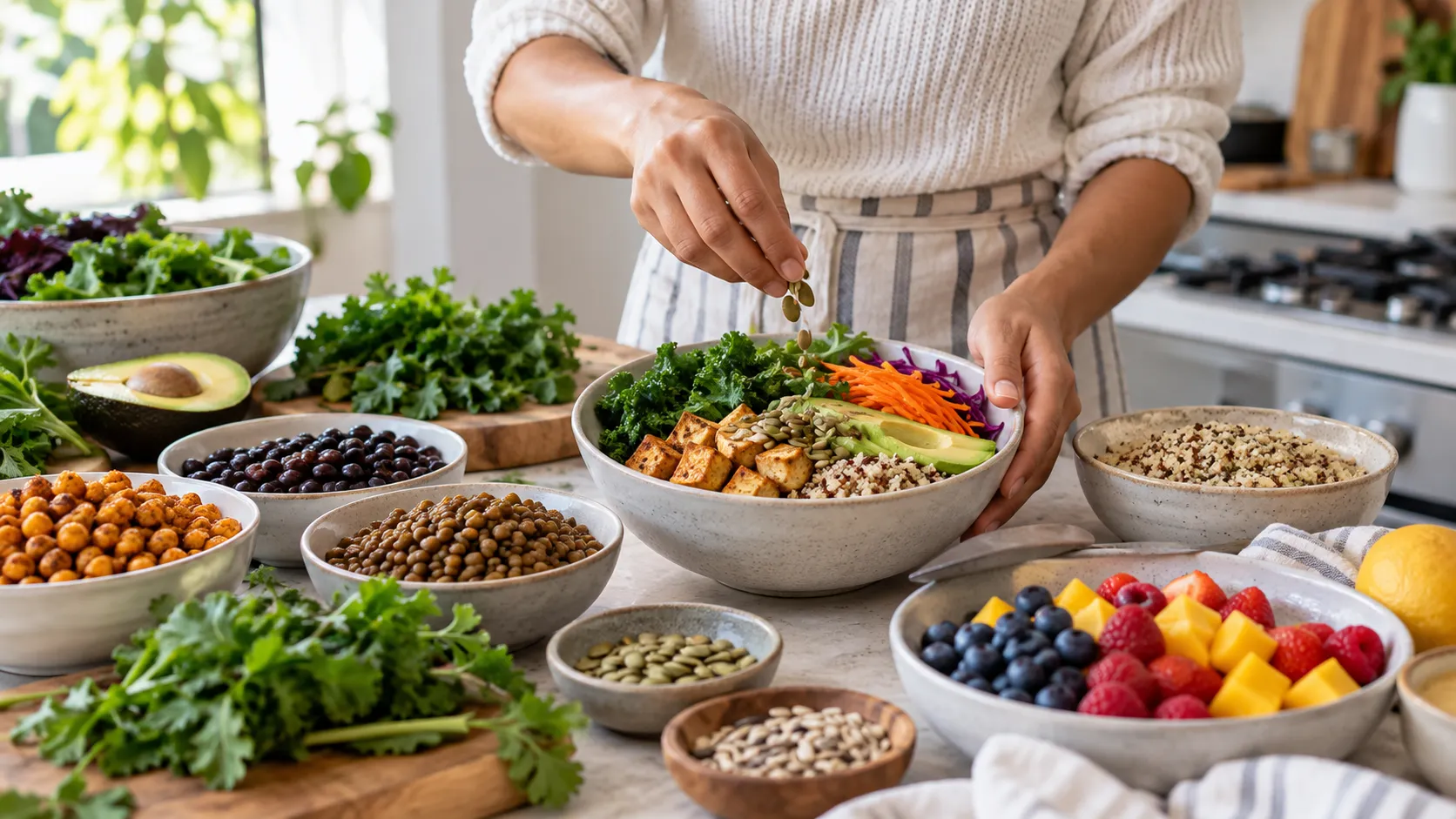 Pessoa preparando uma refeição vegetal equilibrada com leguminosas, tofu, grãos, vegetais, frutas e sementes.