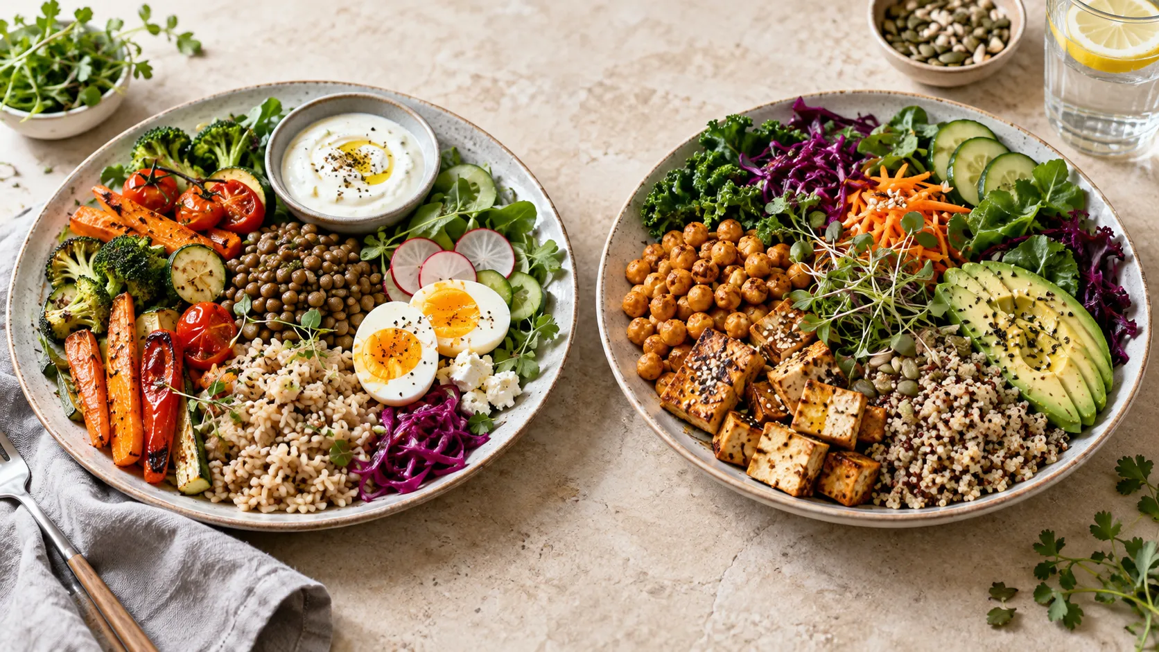 Pratos coloridos com legumes, grãos, tofu, ovos e alimentos vegetais representando as diferenças entre dietas vegetariana e vegana.