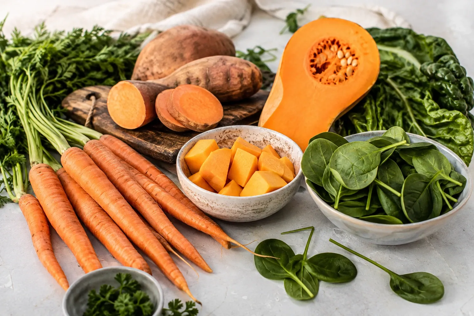 Cenoura, batata-doce, abóbora e folhas verde-escuras reunidas como fontes vegetais de carotenoides.