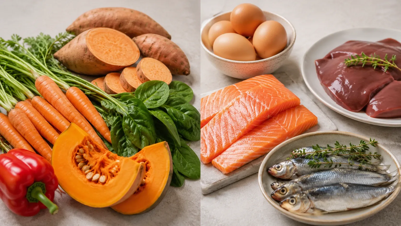 Alimentos vegetais ricos em carotenoides posicionados ao lado de fontes animais de vitamina A pré-formada.