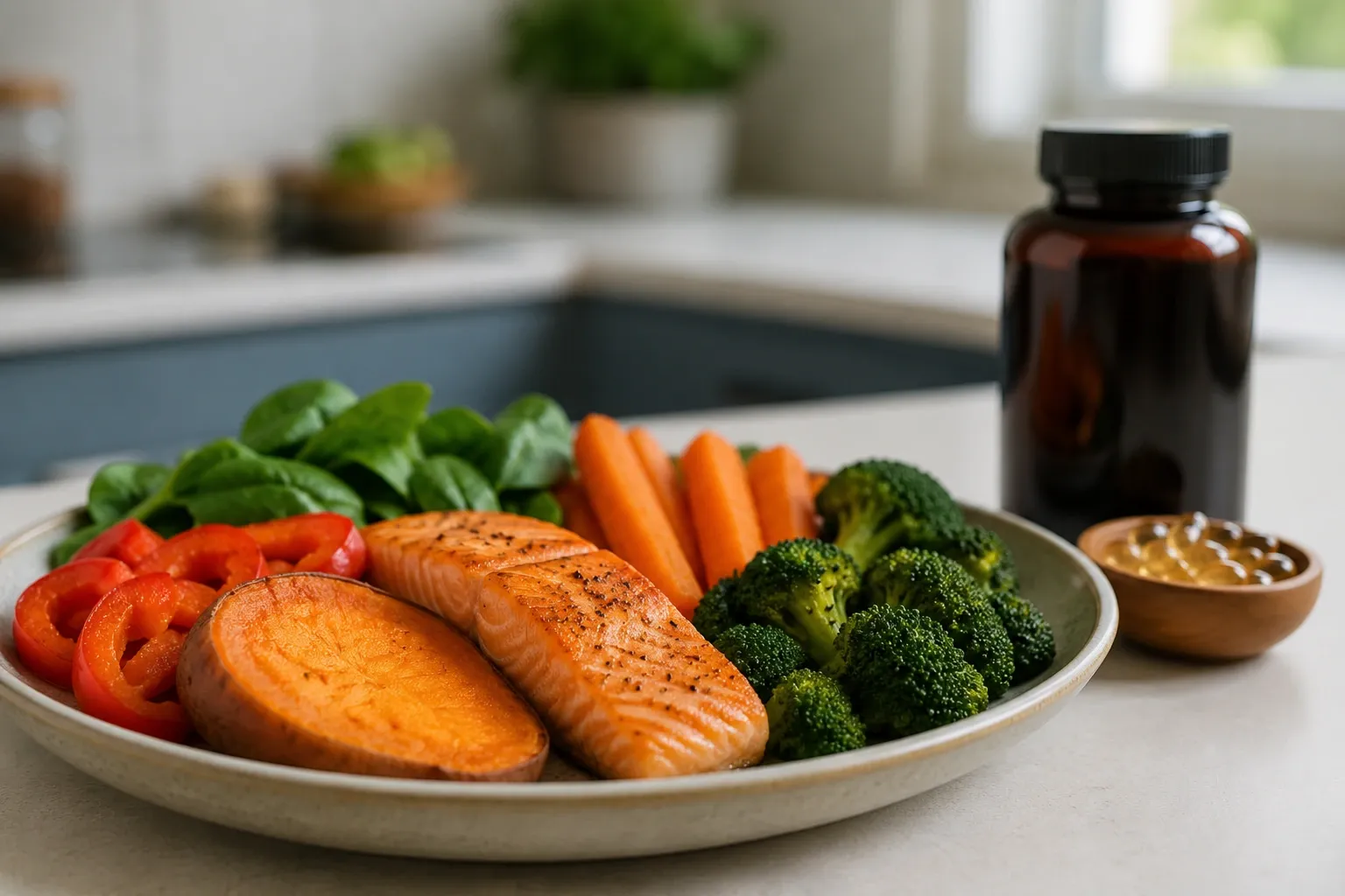Refeição equilibrada com alimentos fontes de vitamina A e um frasco genérico de suplemento ao fundo.