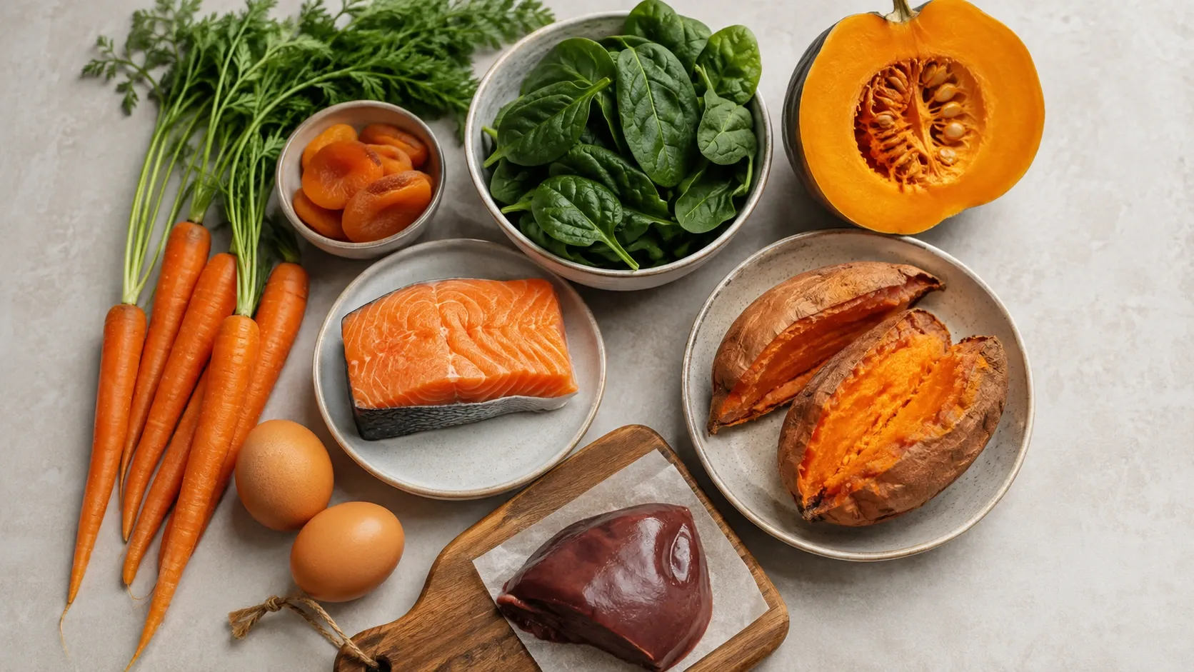 Alimentos fontes de vitamina A, incluindo cenoura, batata-doce, folhas verdes, ovos e alimentos de origem animal, organizados sobre uma mesa clara.