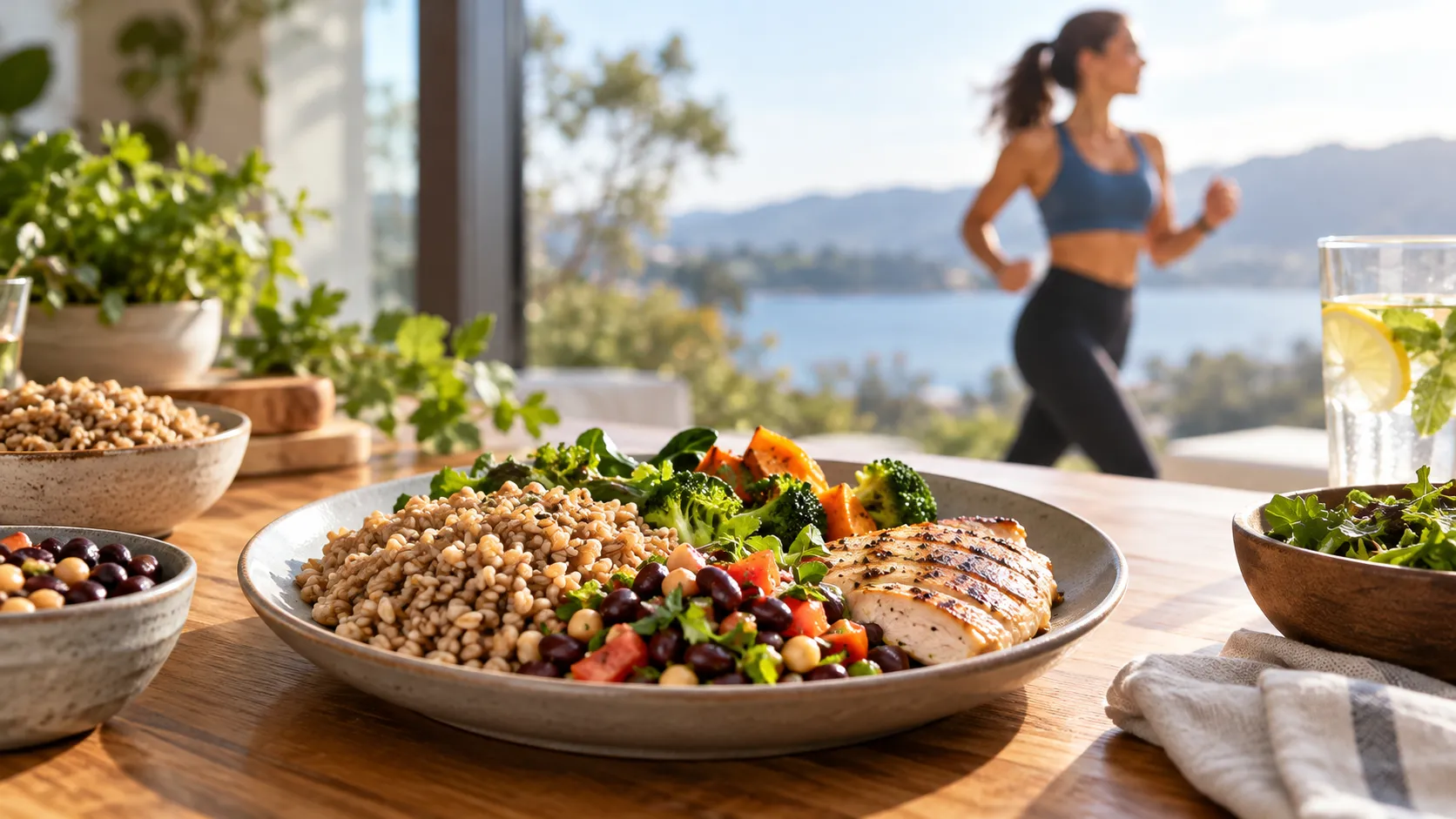 Refeição equilibrada com cereais integrais, leguminosas e proteína, representando a participação da tiamina no metabolismo energético.