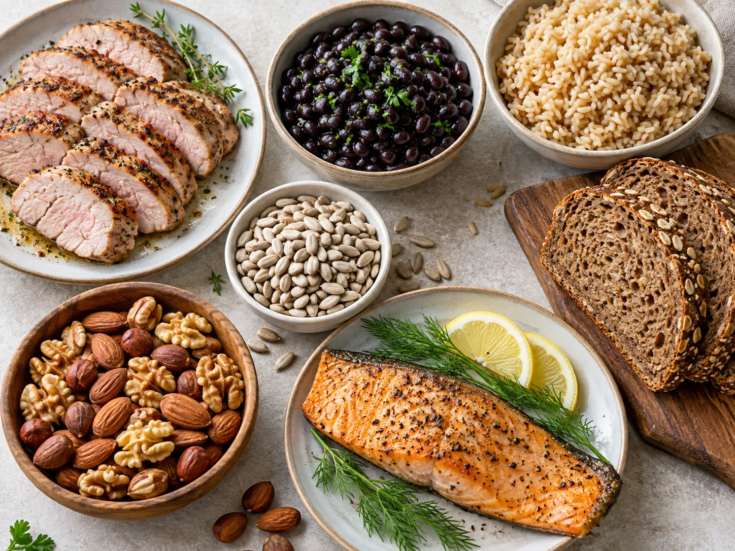 Diferentes fontes alimentares de tiamina organizadas em grupos, incluindo carne suína, feijão, cereais integrais, sementes e peixe.