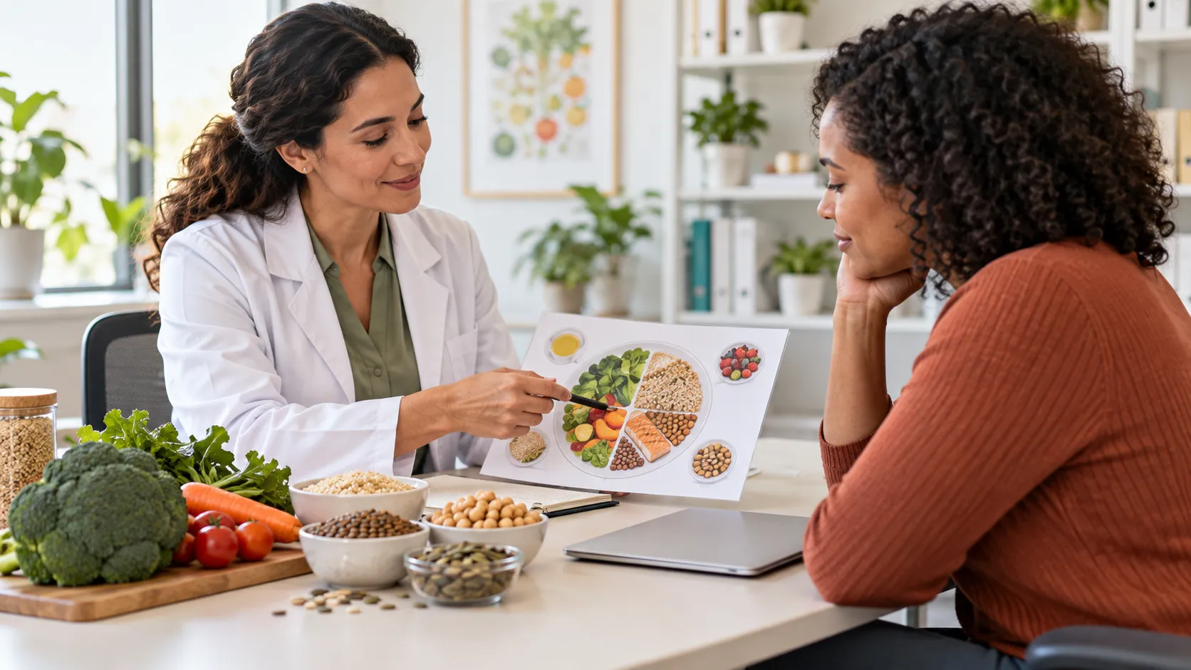 Profissional de saúde conversa com um paciente sobre alimentação durante uma consulta nutricional.