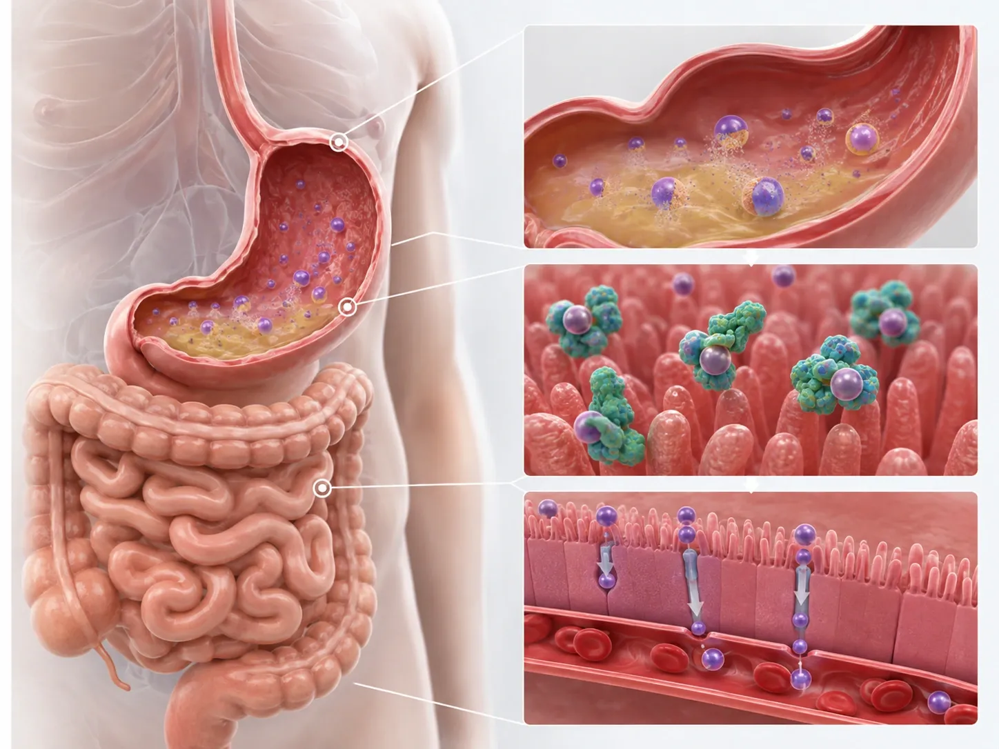 Ilustração do estômago e intestino delgado representando as etapas de absorção da vitamina B12.