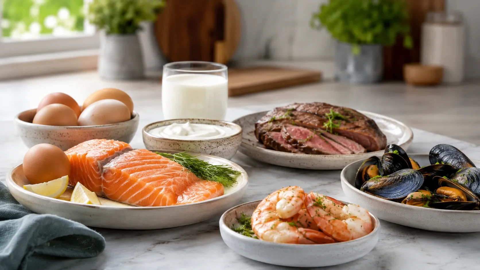 Alimentos fontes de vitamina B12 organizados sobre uma mesa clara, incluindo peixe, ovos e laticínios.
