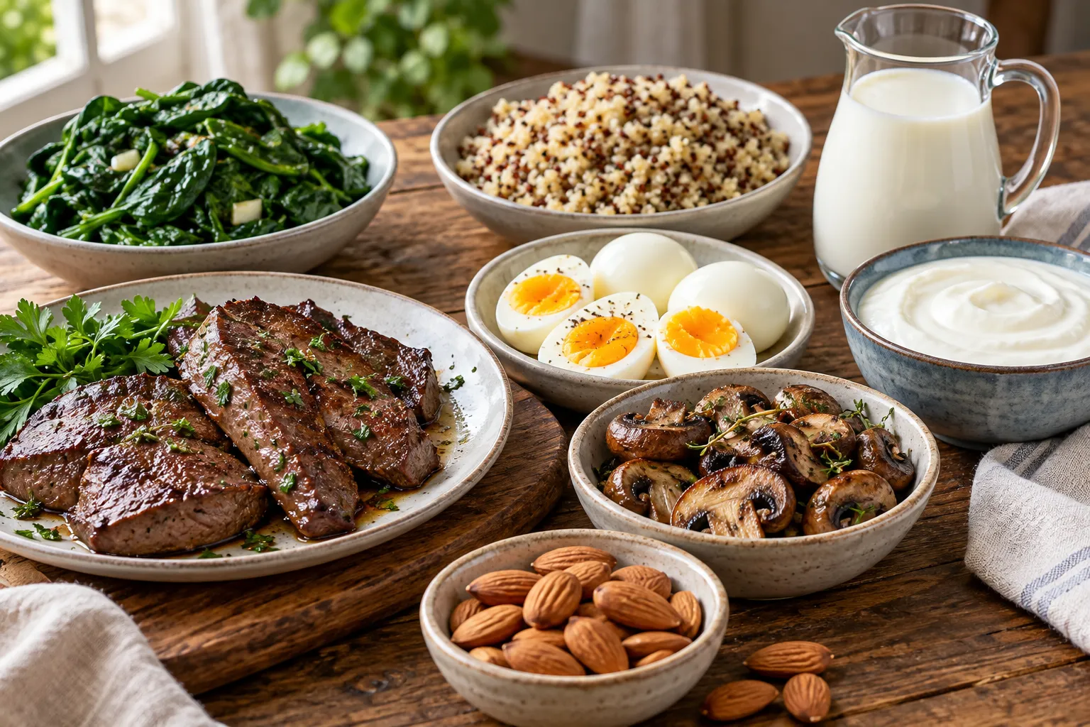 Seleção de fígado, ovos, laticínios, amêndoas, cogumelos, espinafre e quinoa, alimentos que fornecem diferentes quantidades de vitamina B2.