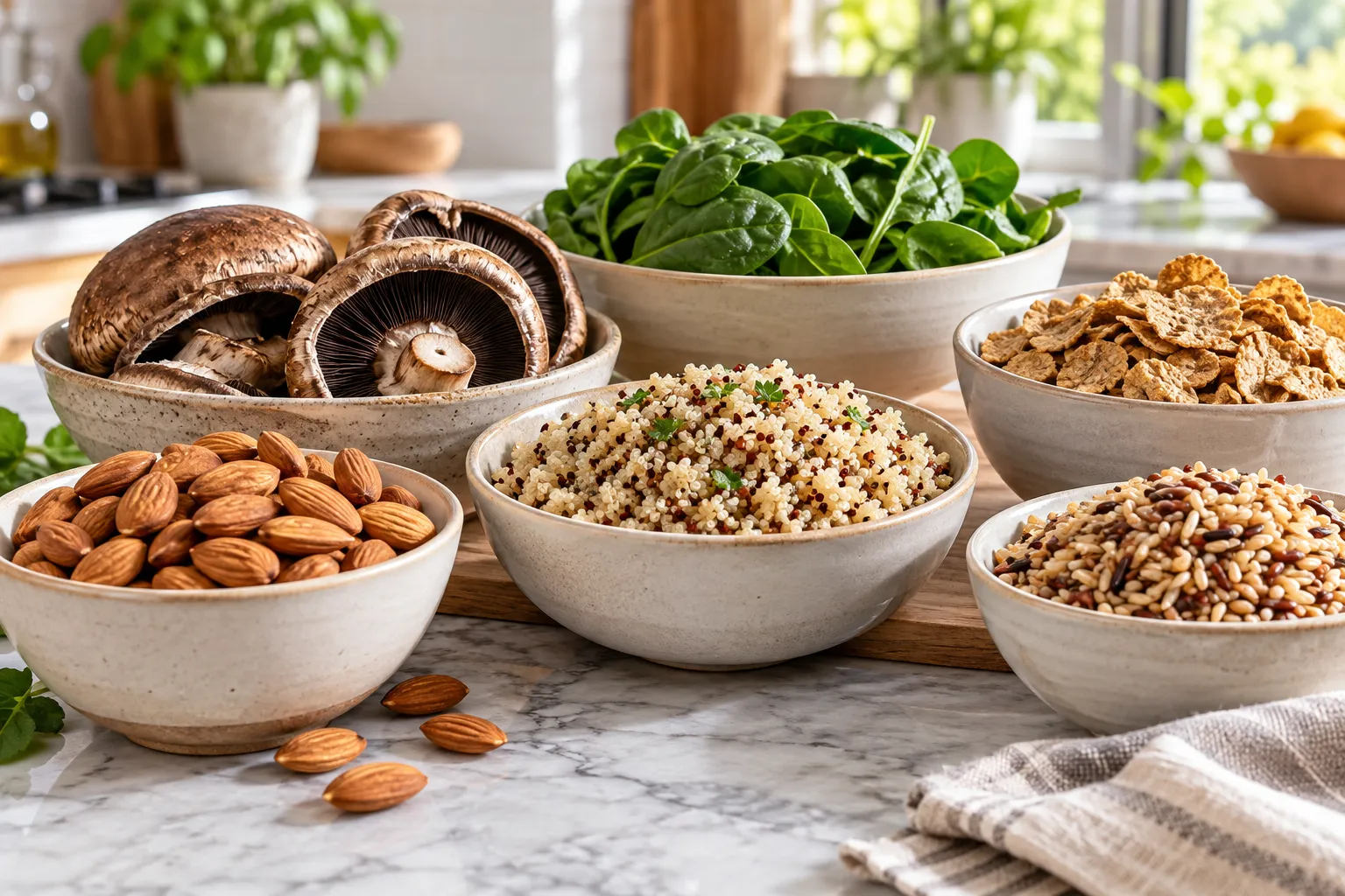 Amêndoas, cogumelos, espinafre, quinoa, grãos e cereal fortificado representando fontes de riboflavina em uma alimentação vegetal.