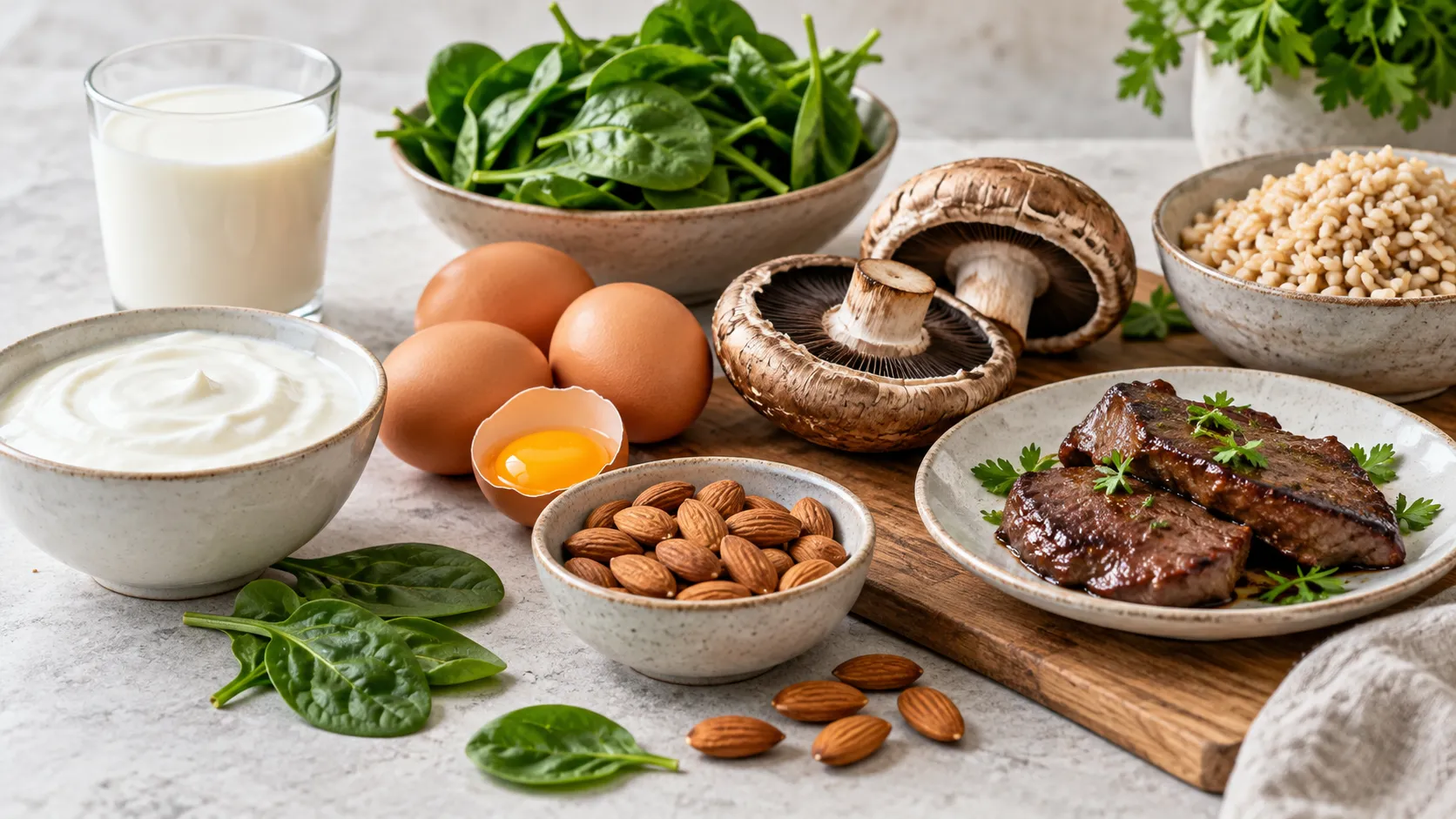 Alimentos fontes de vitamina B2, incluindo leite, ovos, amêndoas, cogumelos e vegetais verdes, dispostos sobre uma mesa clara.