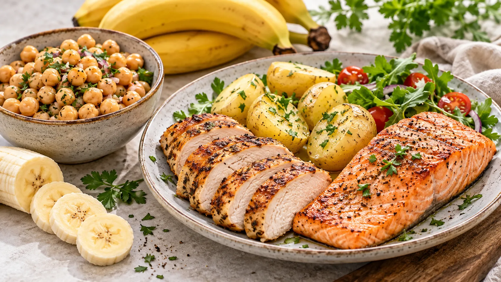 Grão-de-bico, salmão, frango, batatas e bananas organizados sobre uma mesa.