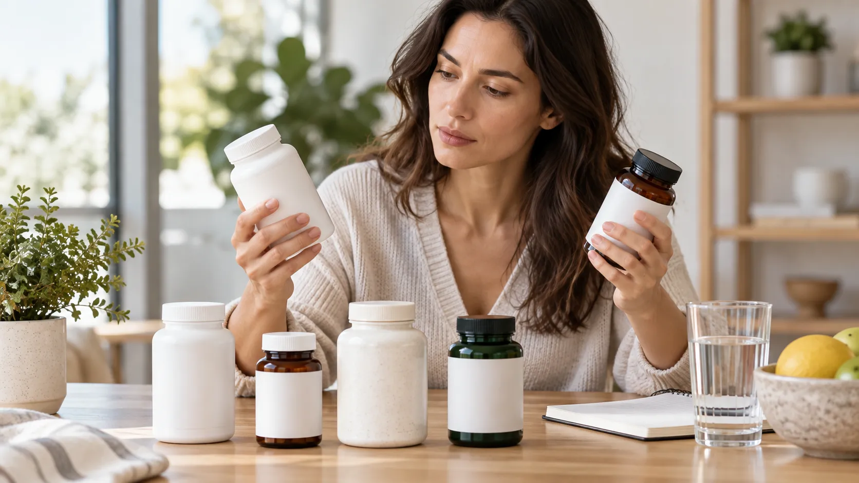 Pessoa comparando diferentes frascos de suplementos sobre uma mesa.