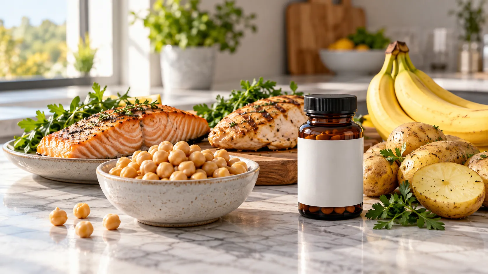 Alimentos ricos em vitamina B6 ao lado de um frasco neutro de suplemento sobre uma bancada clara.