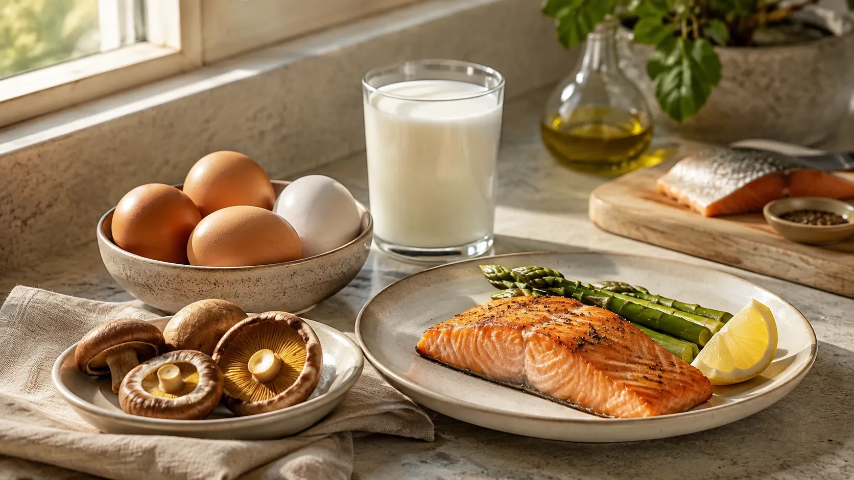Alimentos fontes de vitamina D sobre uma mesa iluminada naturalmente, com salmão, ovos e cogumelos.