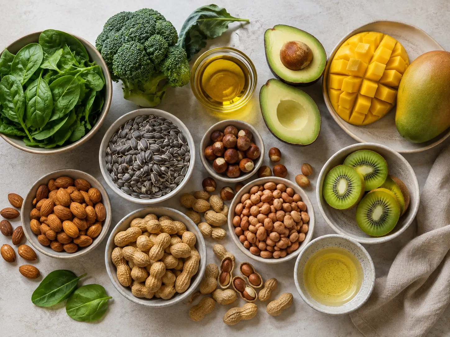 Seleção de sementes, oleaginosas, verduras, frutas e óleos vegetais que fornecem vitamina E.