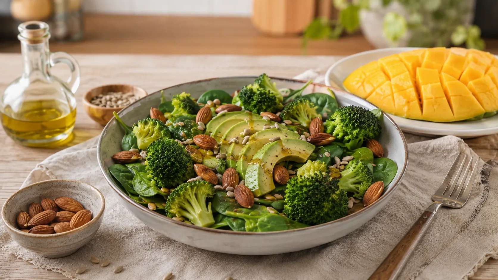 Salada com espinafre, abacate, sementes, amêndoas e brócolis acompanhada de manga.