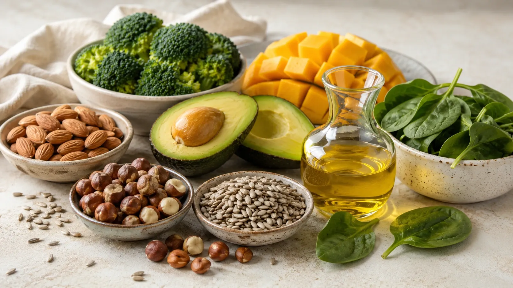 Amêndoas, sementes de girassol, abacate, espinafre e óleo vegetal representando fontes alimentares de vitamina E.