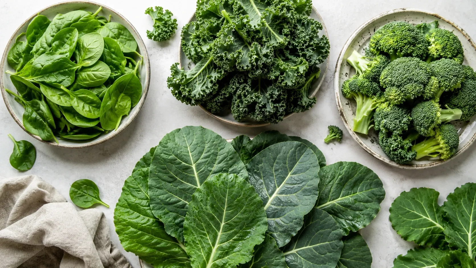 Espinafre, couves e brócolis apresentados lado a lado como fontes alimentares de vitamina K.