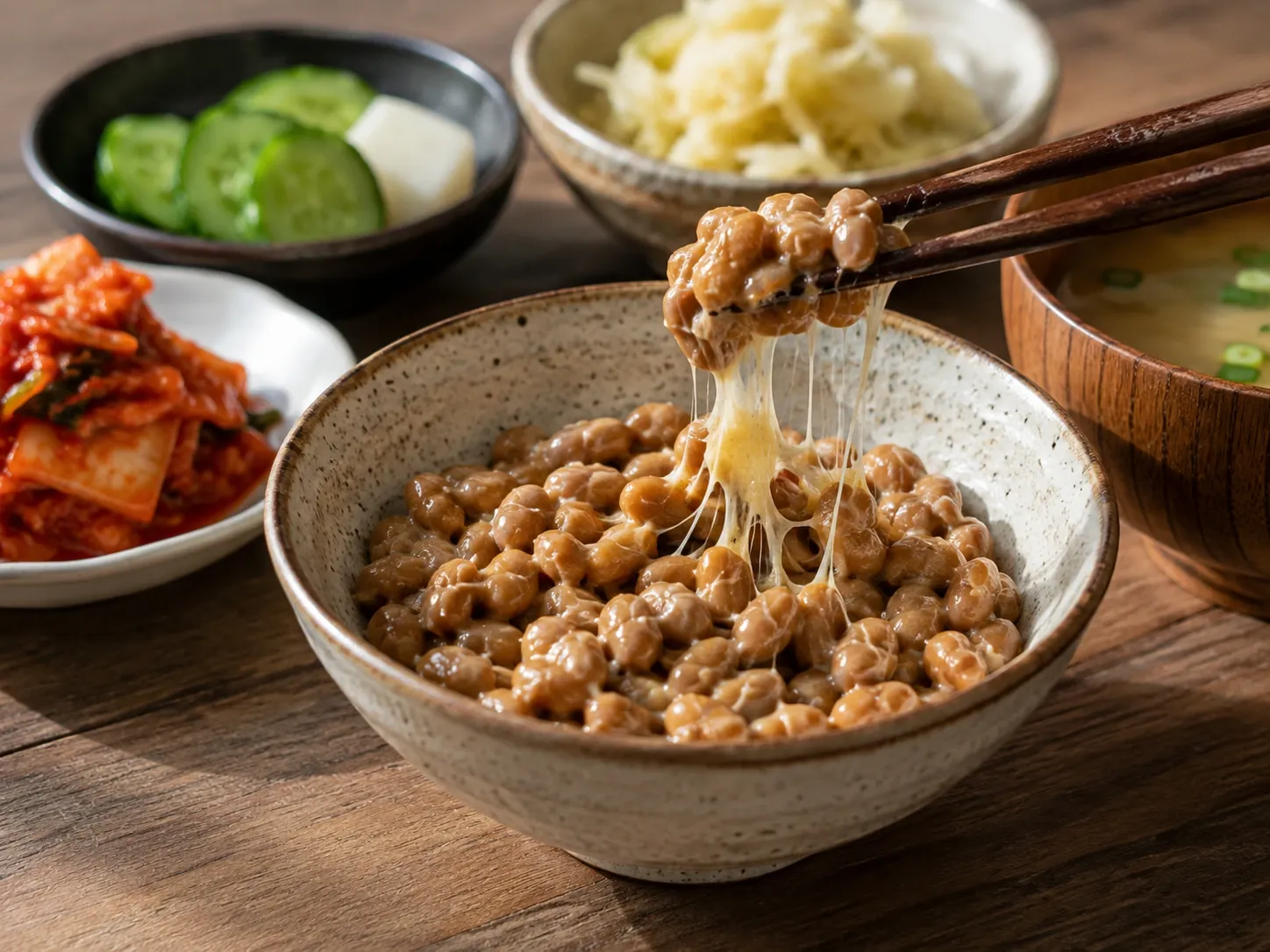 Porção de natto, alimento japonês de soja fermentada e fonte concentrada de vitamina K2.