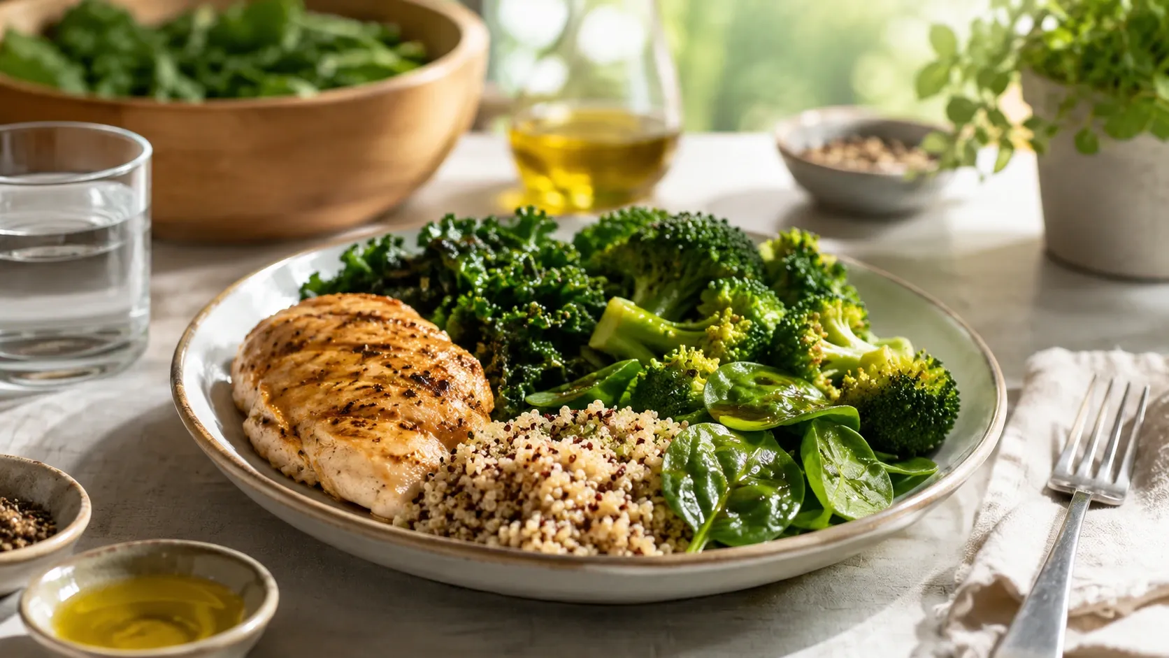 Refeição com vegetais verdes e azeite representando uma forma prática de consumir vitamina K.