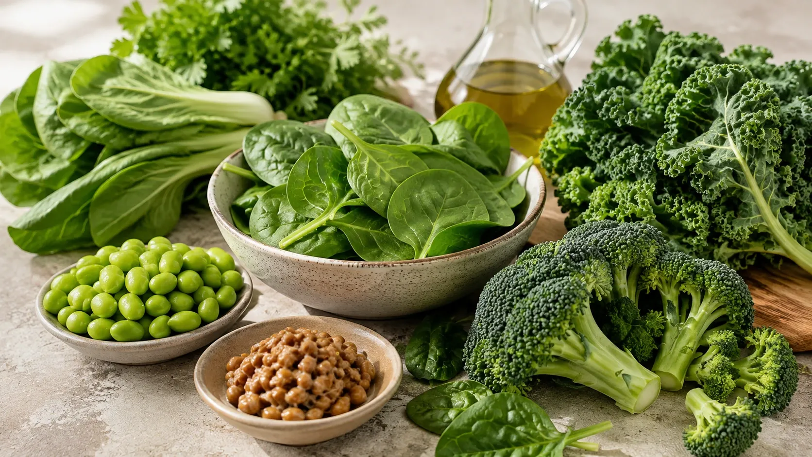Vegetais verdes folhosos, brócolis e outros alimentos fontes de vitamina K dispostos sobre uma mesa clara.