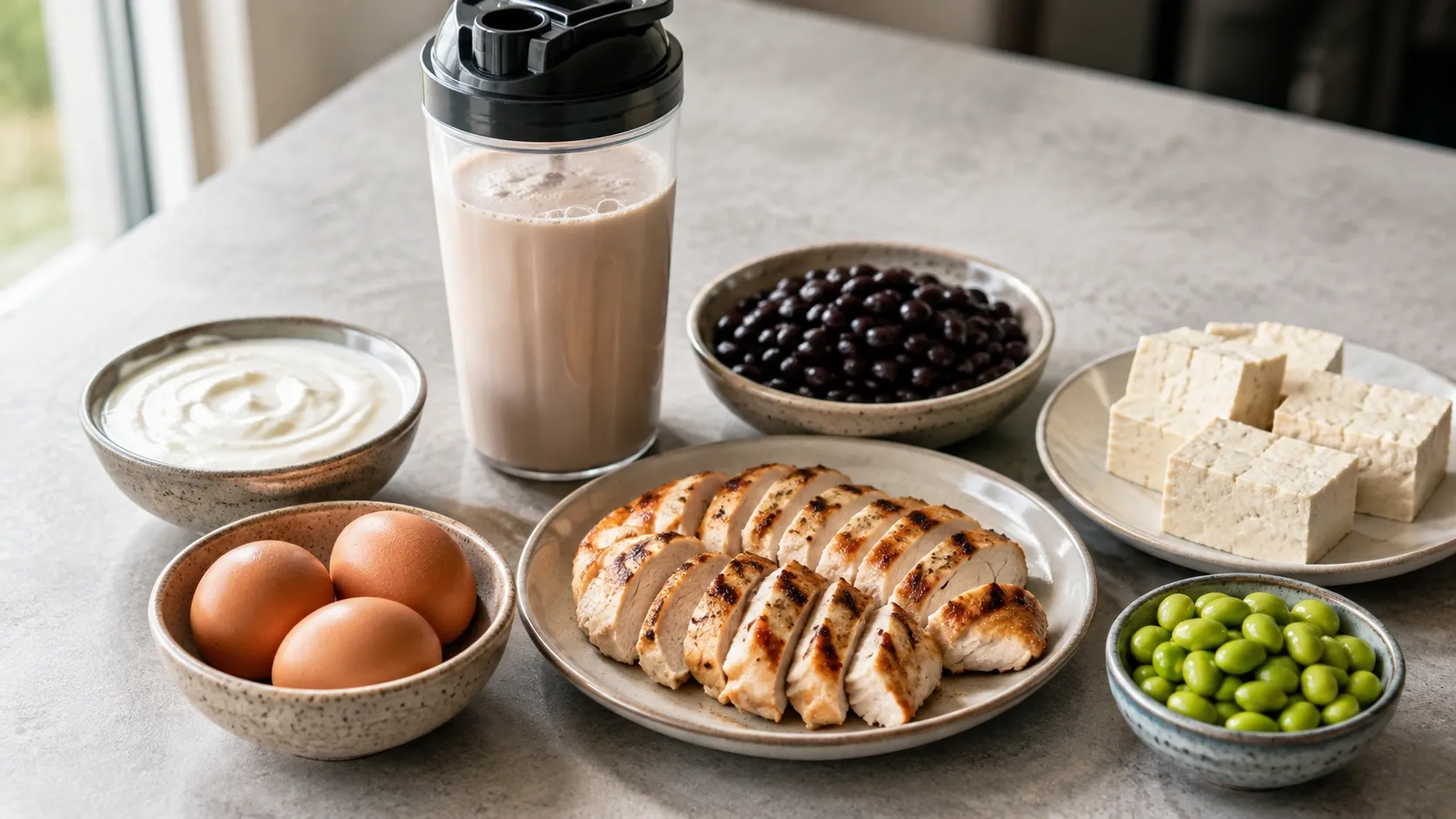 Shake proteico ao lado de ovos, iogurte, frango, feijão e tofu, representando diferentes fontes de proteína.