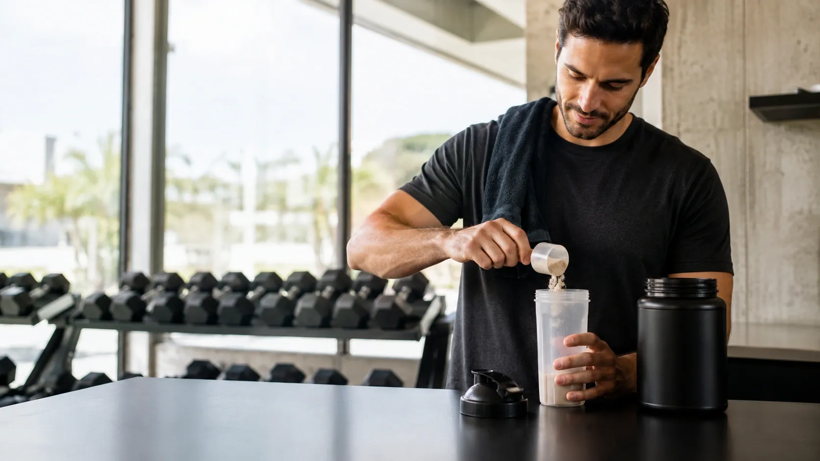 Pessoa após um treino de força preparando um shake proteico em uma academia.
