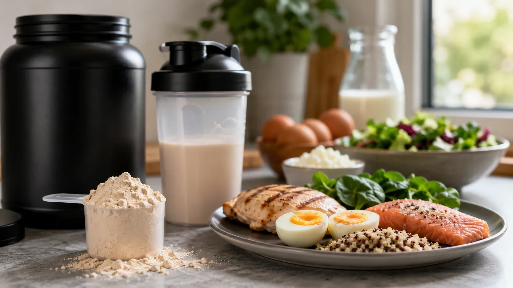 Dosador de whey, coqueteleira e refeição com alimentos ricos em proteína sobre uma bancada.