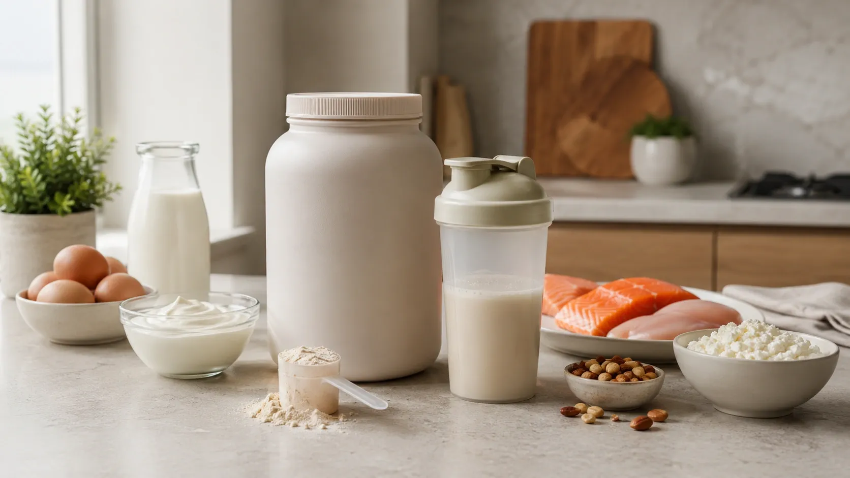 Pote de whey protein em pó ao lado de uma coqueteleira e alimentos ricos em proteína sobre uma bancada clara.