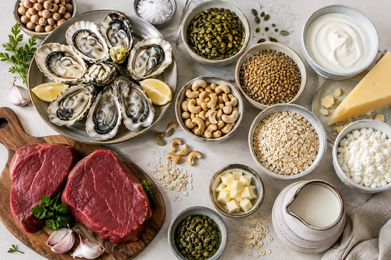 Seleção de alimentos de origem animal e vegetal que fornecem zinco.