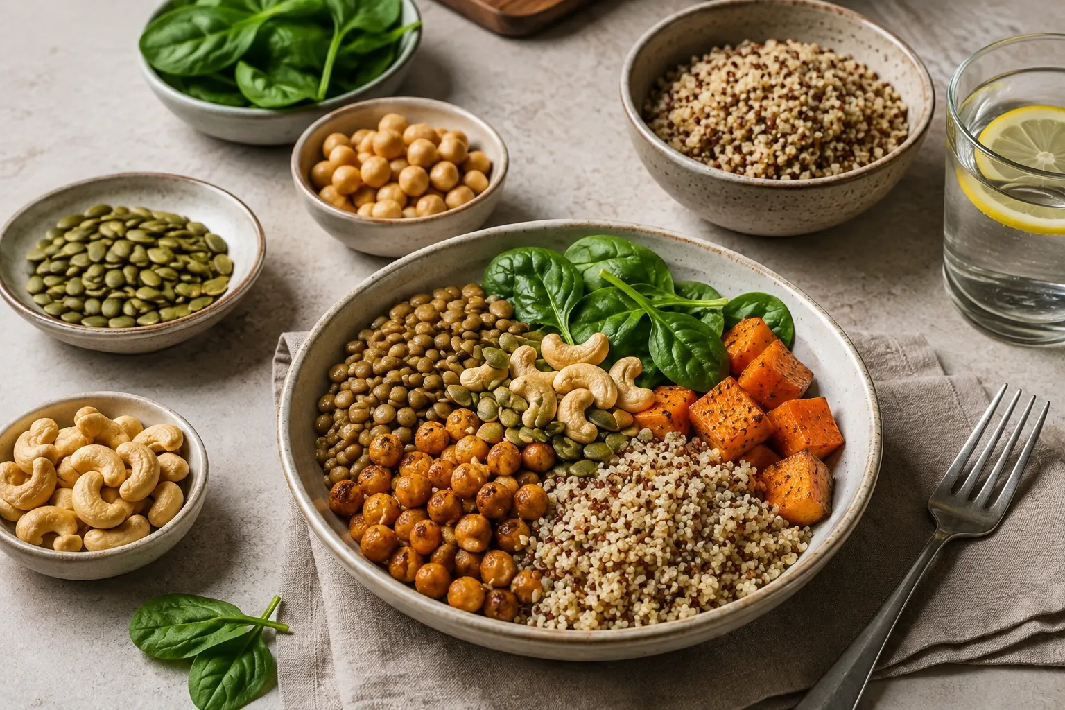 Lentilhas, grãos, sementes e castanhas representando fontes vegetais de zinco.