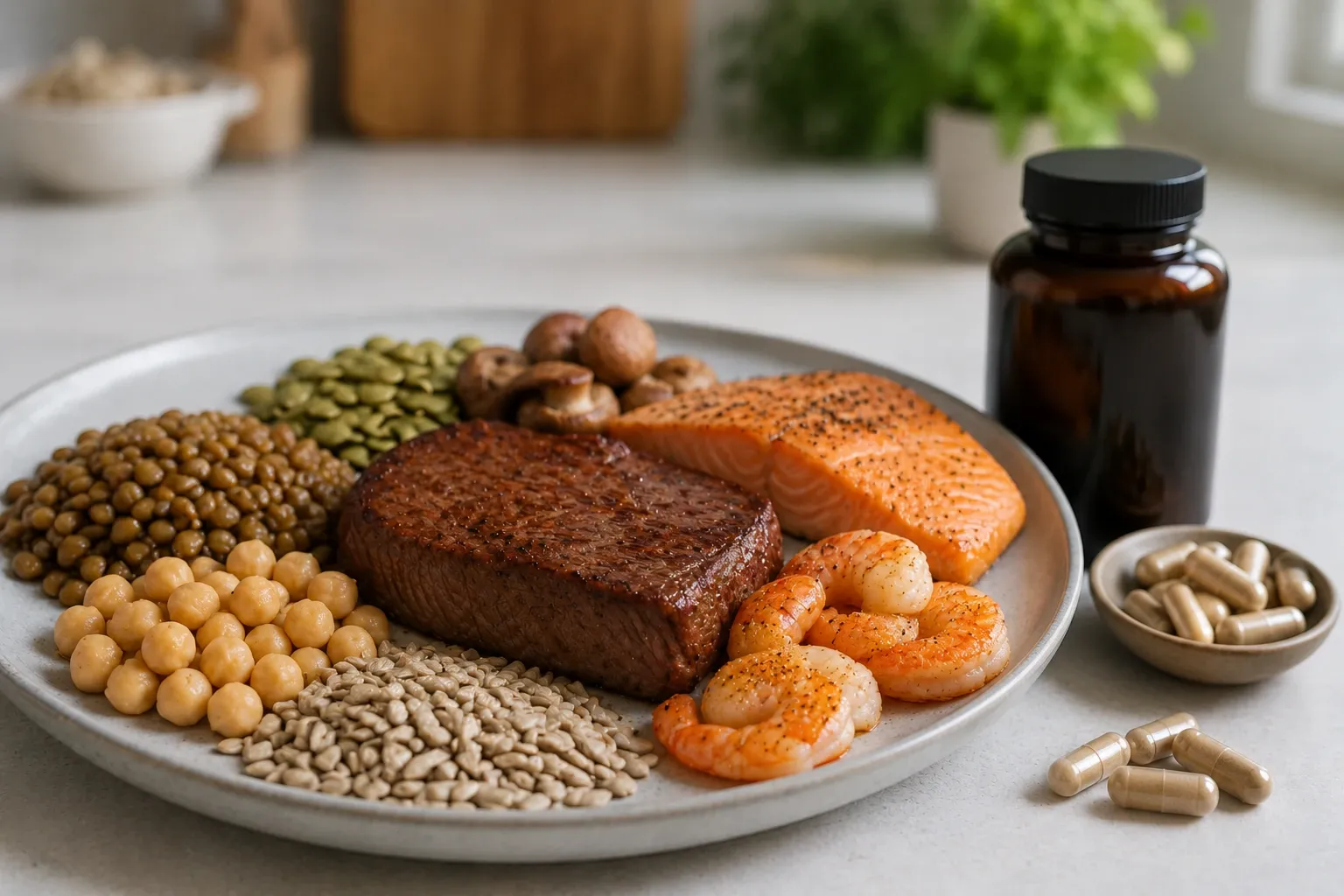 Suplemento sem marca ao lado de alimentos ricos em zinco, destacando a alimentação como fonte do mineral.