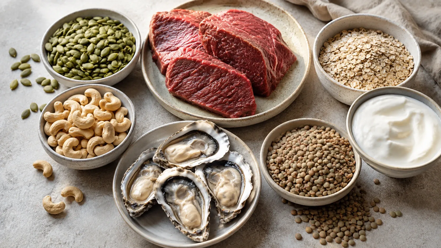 Alimentos fontes de zinco, como carne, sementes, castanhas, lentilhas e frutos do mar, dispostos sobre uma mesa.